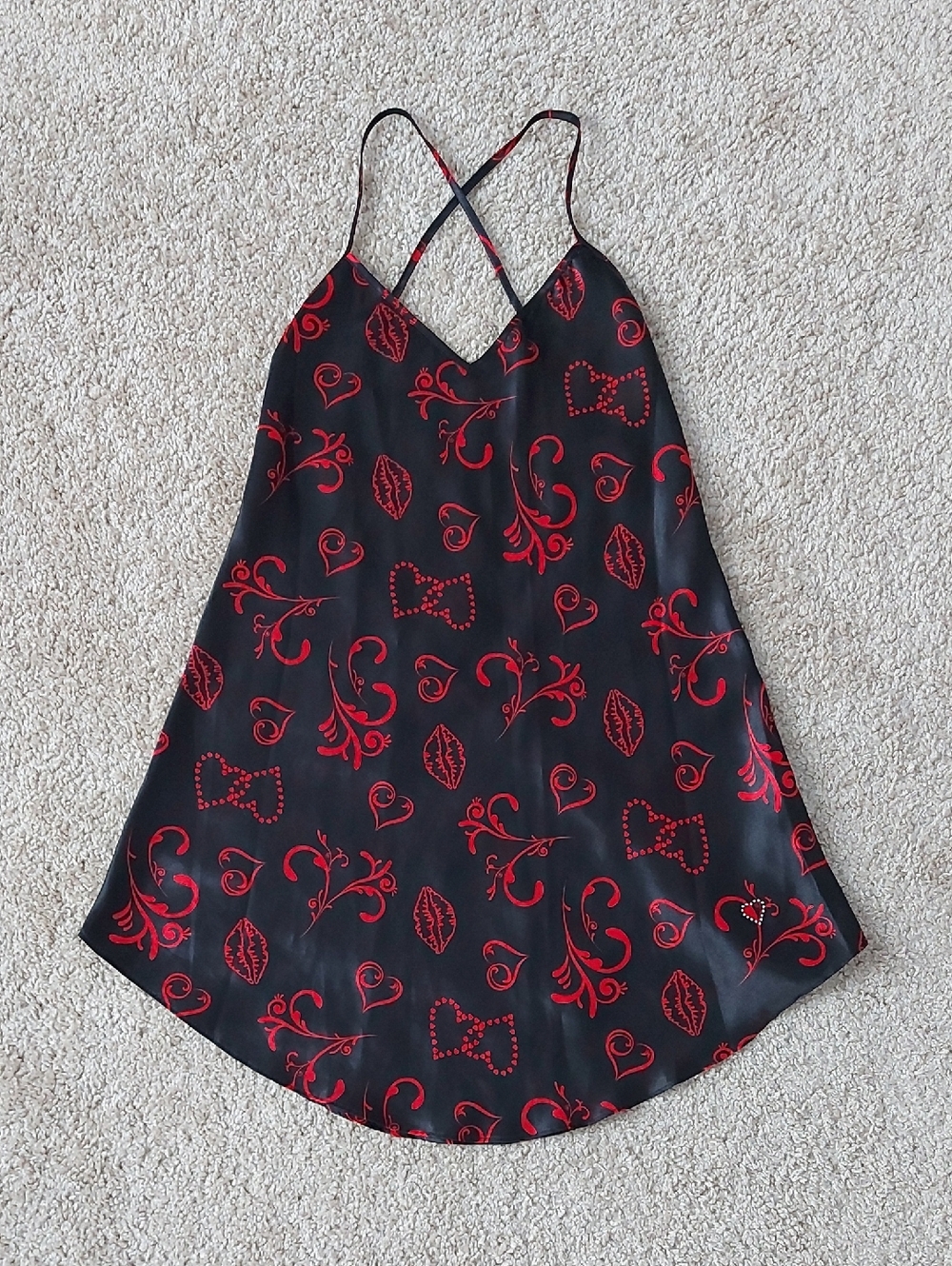 Black Satin Slip Dress with Red Heart & Lip Print
